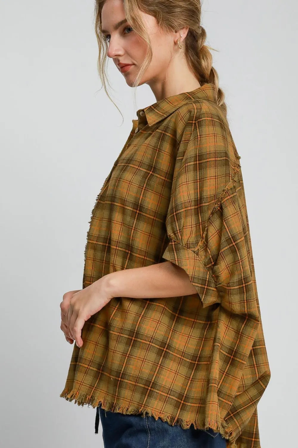 Umgee Full Size Raw Hem Plaid Collared Neck Half Sleeve Shirt Plus Size - Premium Dresses from Trendsi - Just $46.99! Shop now at Handbags Specialist Headquarter