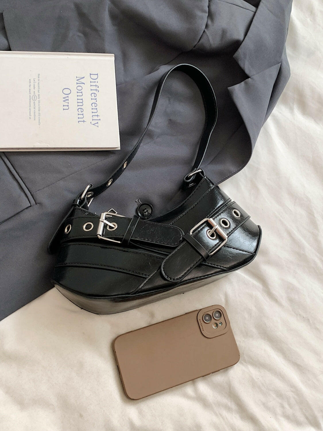 PU Leather Buckle Shoulder Bag.