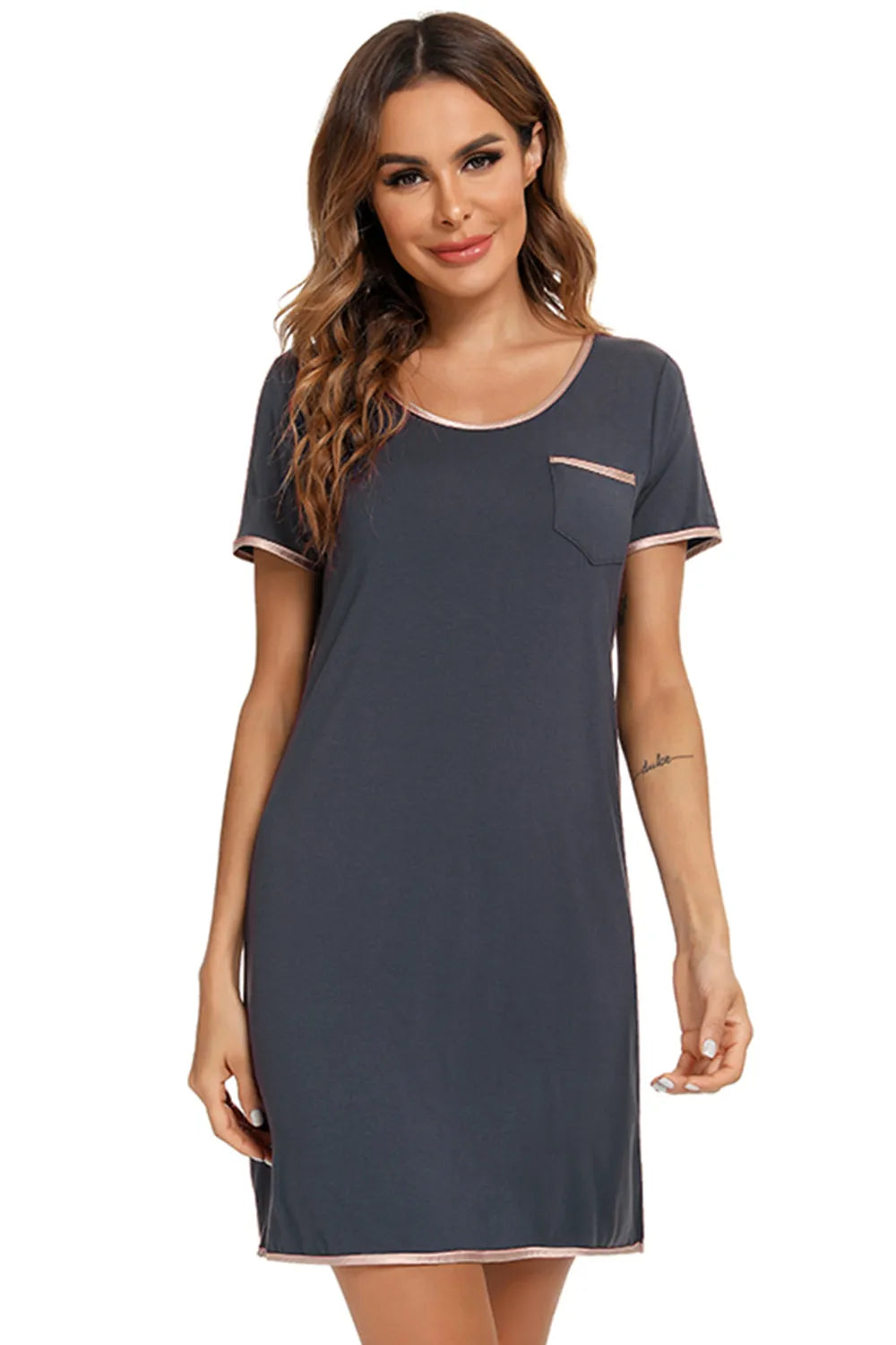 Contrast Trim Pocketed Round Neck Lounge Dress - Premium Sleepwear from Trendsi - Just $27.99! Shop now at Handbags Specialist Headquarter