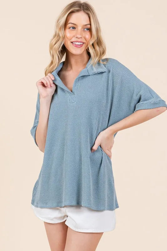 BOMBOM Ribbed Collared Neck Top - Premium Women / Jeans & Denim from Trendsi - Just $34.46! Shop now at Handbags Specialist Headquarter