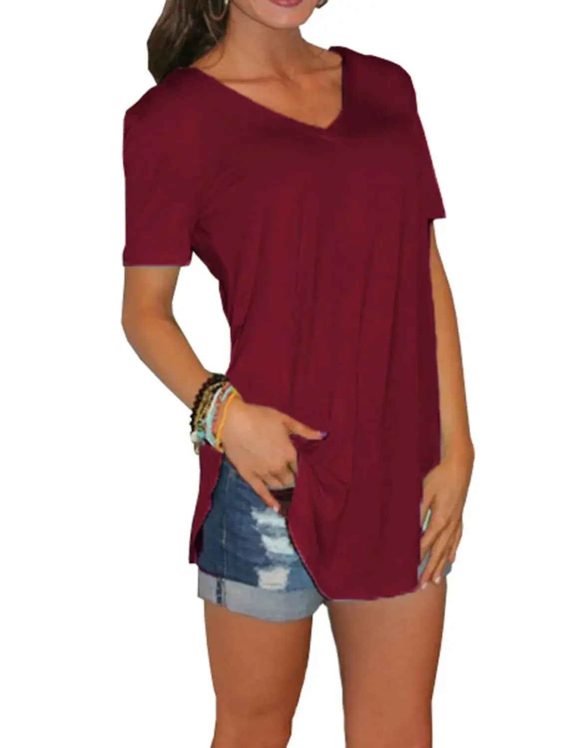 Full Size Solid V-Neck Short Sleeve T-Shirt Plus Size - Premium Women Plus Size from Trendsi - Just $16.36! Shop now at Handbags Specialist Headquarter
