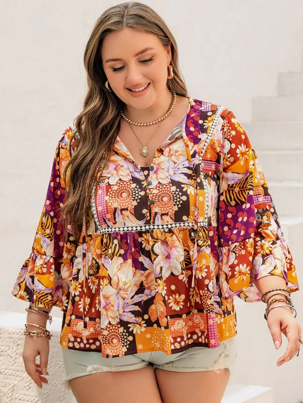 Plus Size Printed Tie Neck Blouse - Premium Plus Size Shirts from Trendsi - Just $28.50! Shop now at Handbags Specialist Headquarter
