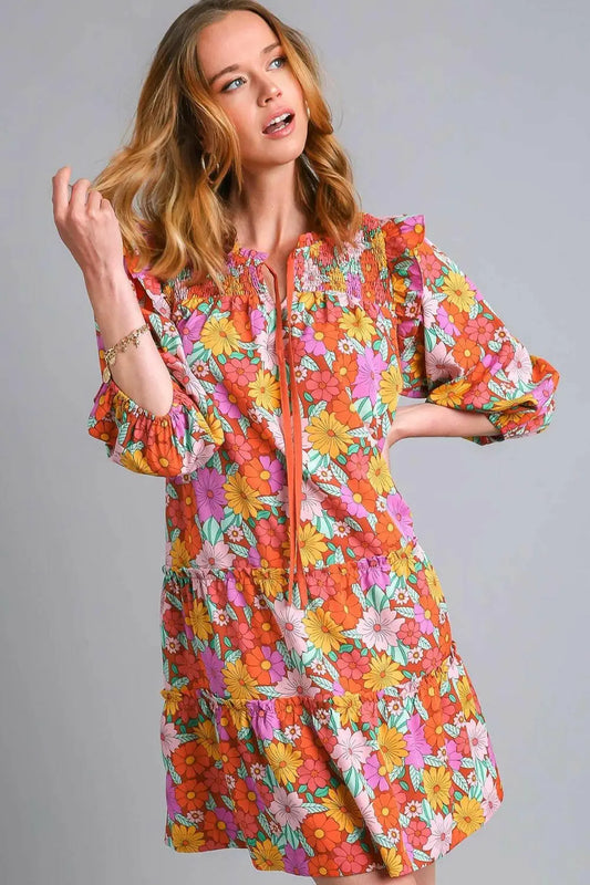 Umgee Full Size Ruffled Flower Print Tie Neck Tiered Dress Plus Size.