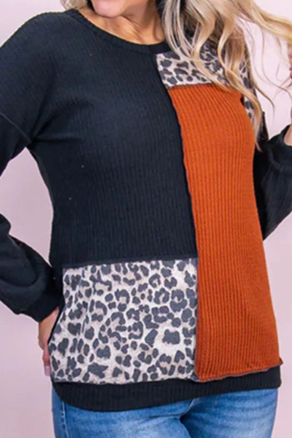 Plus Size Waffle-Knit Leopard Round Neck Blouse - Premium Plus Size Shirts from Trendsi - Just $28! Shop now at Handbags Specialist Headquarter