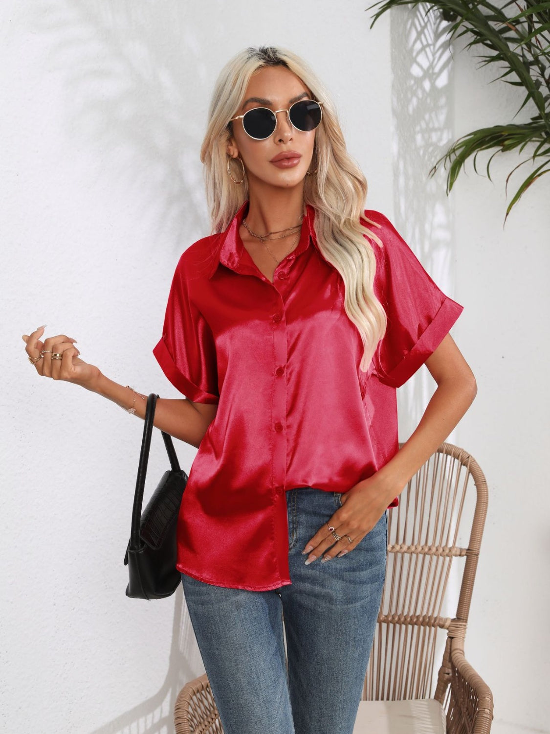 Button Down Collared Neck Short Sleeve Satin Shirt - Premium Women / Tops from Trendsi - Just $18.76! Shop now at Handbags Specialist Headquarter