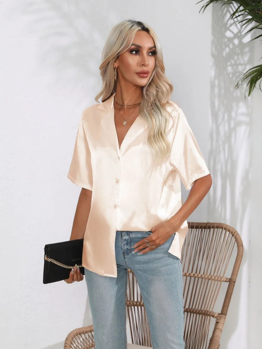 Button Down Short Sleeve Shirt - Premium Women's Down Shirt Tops from Trendsi - Just $19.48! Shop now at Handbags Specialist Headquarter