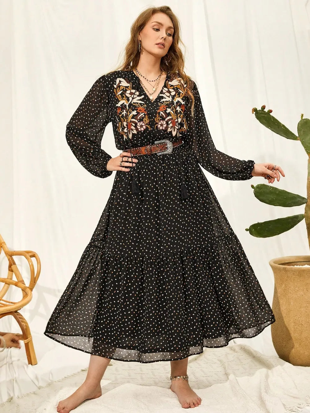 Plus Size Embroidered Tassel Balloon Sleeve Dress - Premium Dresses from Trendsi - Just $59.99! Shop now at Handbags Specialist Headquarter