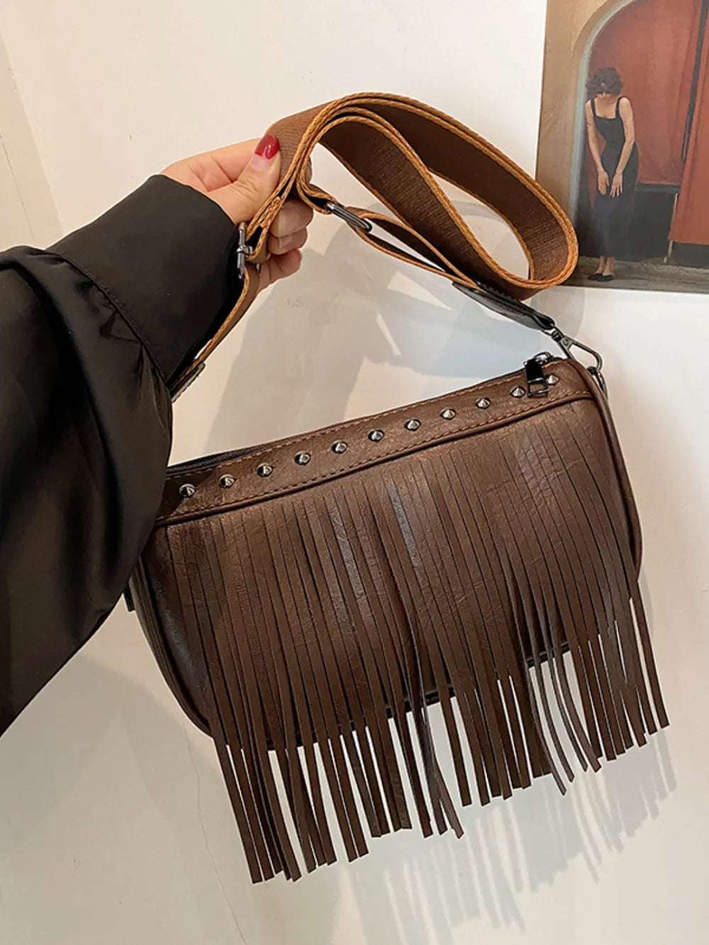 PU Leather Fringe Studded Crossbody Bag - Premium Crossbody Bag from Trendsi - Just $29.99! Shop now at Handbags Specialist Headquarter