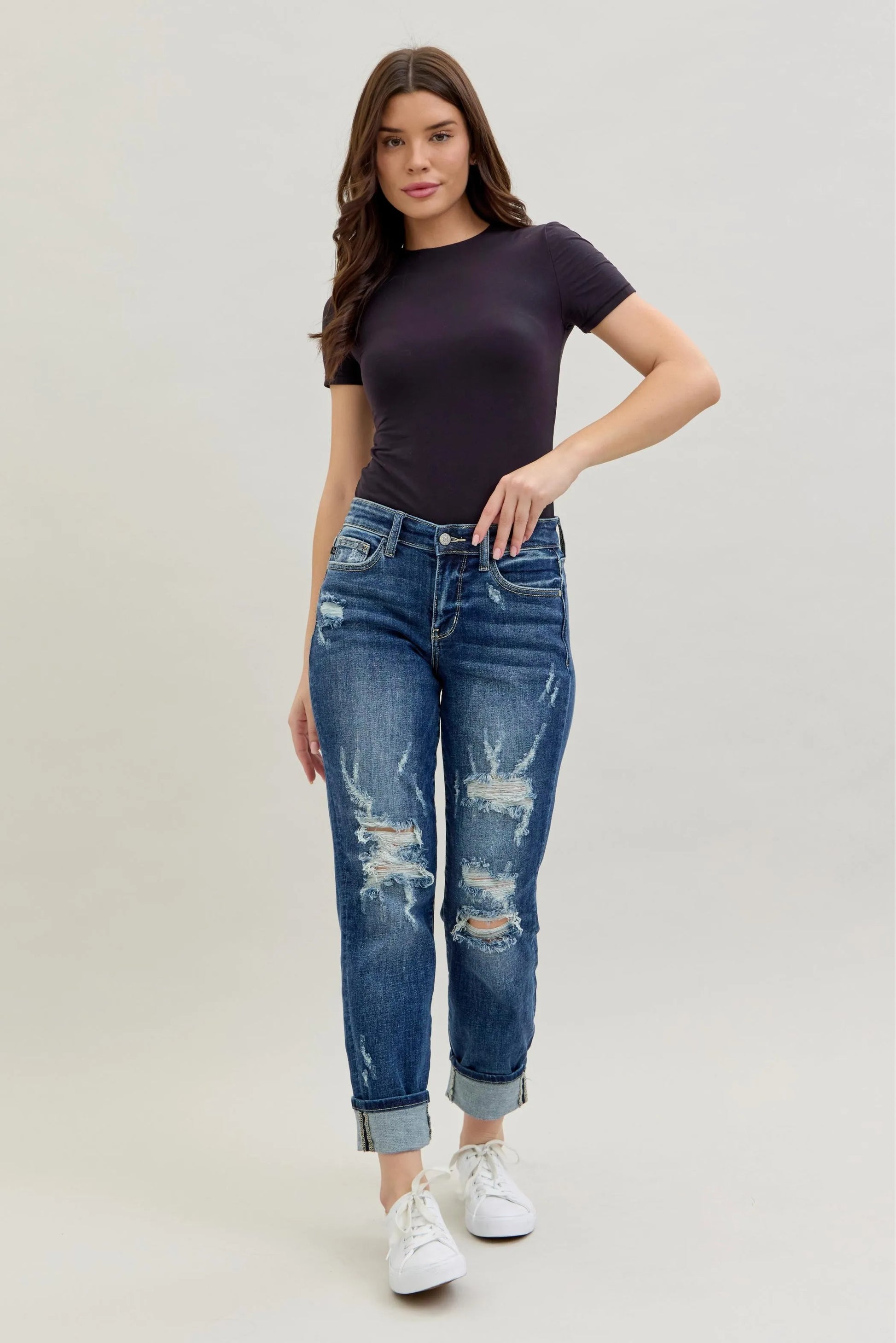 Judy Blue Full Size Mid Rise Cuffed Destroy Bf Jeans Plus Size - Premium Women / Jeans & Denim from Trendsi - Just $62.99! Shop now at Handbags Specialist Headquarter