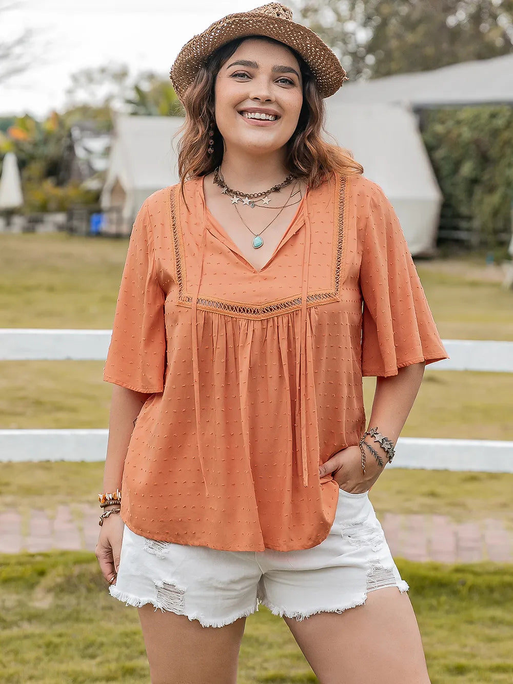 Plus Size Ruched Tie Neck Half Sleeve Blouse - Premium Plus Size Shirts from Trendsi - Just $26.98! Shop now at Handbags Specialist Headquarter