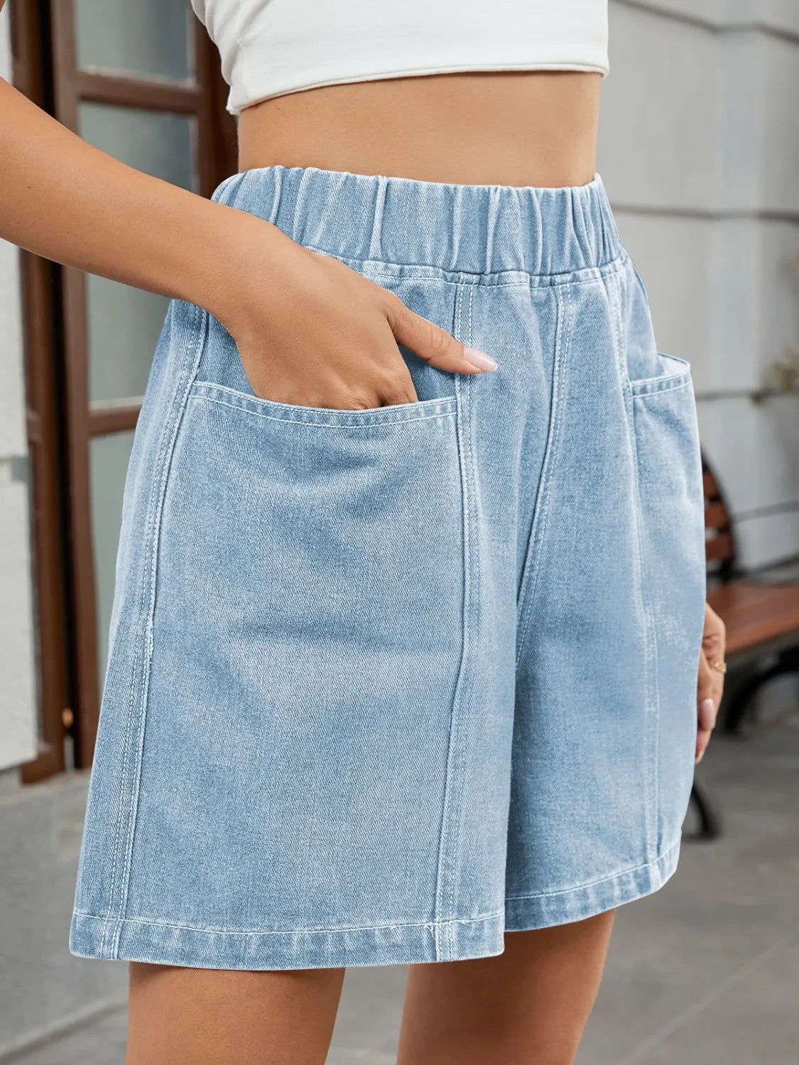 Elastic Waist Denim Shorts - Premium Women / Jeans & Denim from Trendsi - Just $20.90! Shop now at Handbags Specialist Headquarter