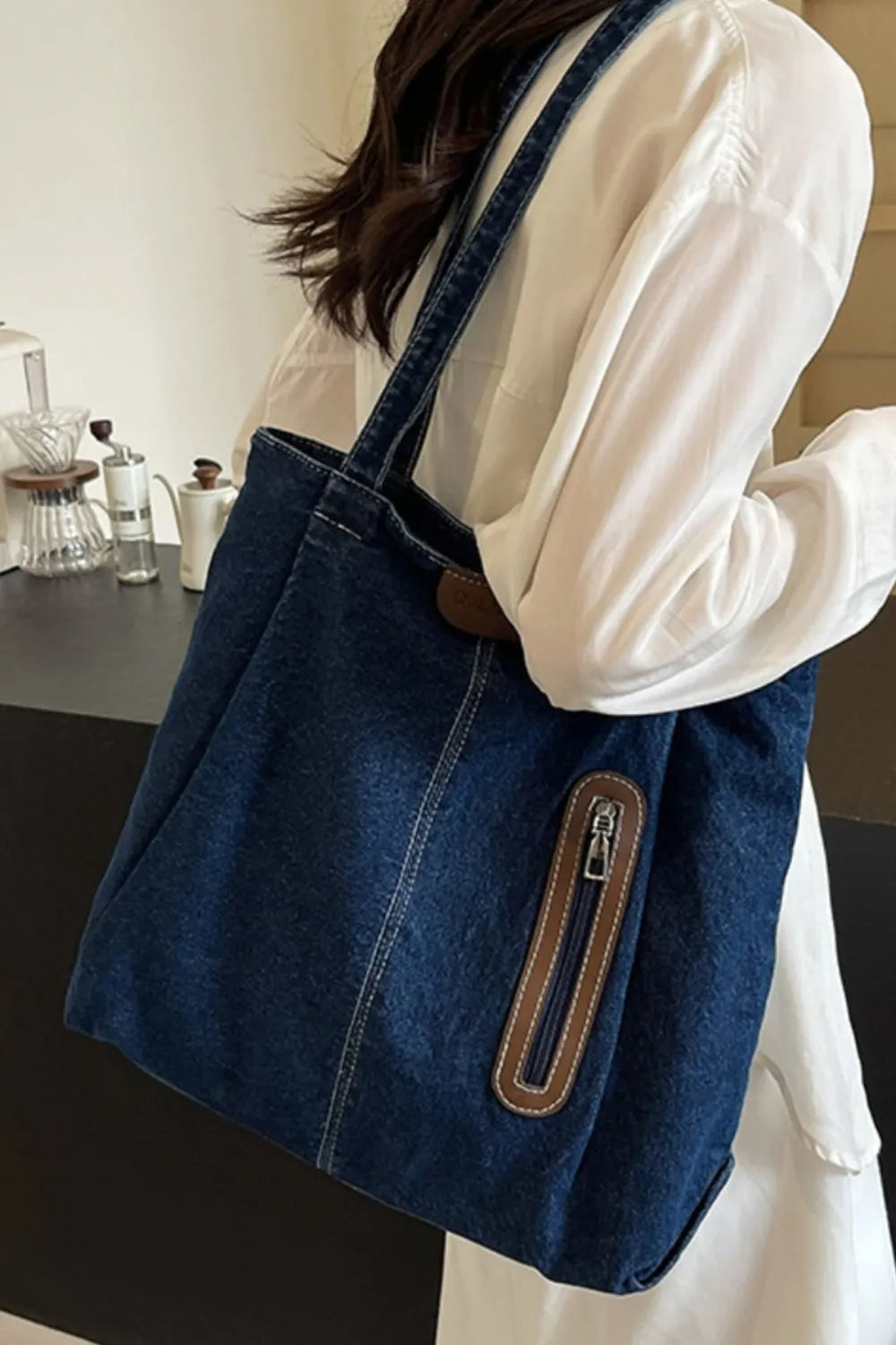 Medium Denim Tote Bag - Premium Tote Bag from Trendsi - Just $32.99! Shop now at Handbags Specialist Headquarter