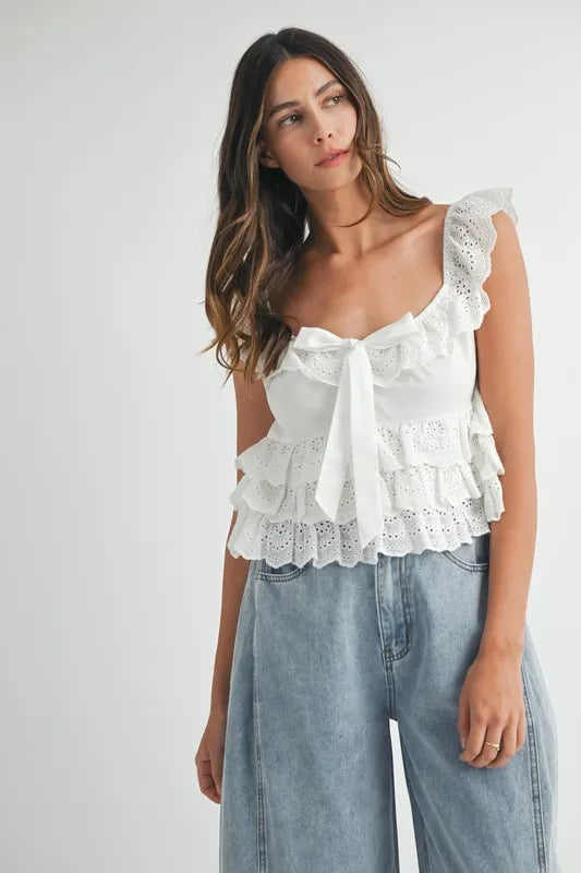 MABLE Eyelet Embroidered Front Tie Ruffle Top - Premium Women / Jeans & Denim from Trendsi - Just $53.84! Shop now at Handbags Specialist Headquarter