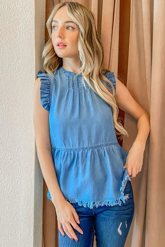And The Why Chambray Ruffle Sleeveless Top - Premium Women / Jeans & Denim from Trendsi - Just $38.88! Shop now at Handbags Specialist Headquarter