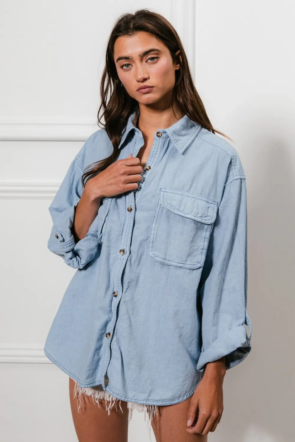 BiBi Button Down Stitch Detail Shirt with Chest Pockets - Premium Women / Jeans & Denim from Trendsi - Just $59.30! Shop now at Handbags Specialist Headquarter