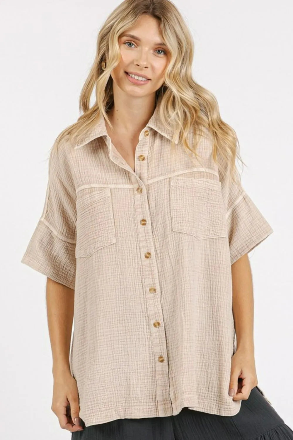Mittoshop Mineral Wash Gauze Oversized Short Sleeve Shirt - Premium Women / Jeans & Denim from Trendsi - Just $50.74! Shop now at Handbags Specialist Headquarter