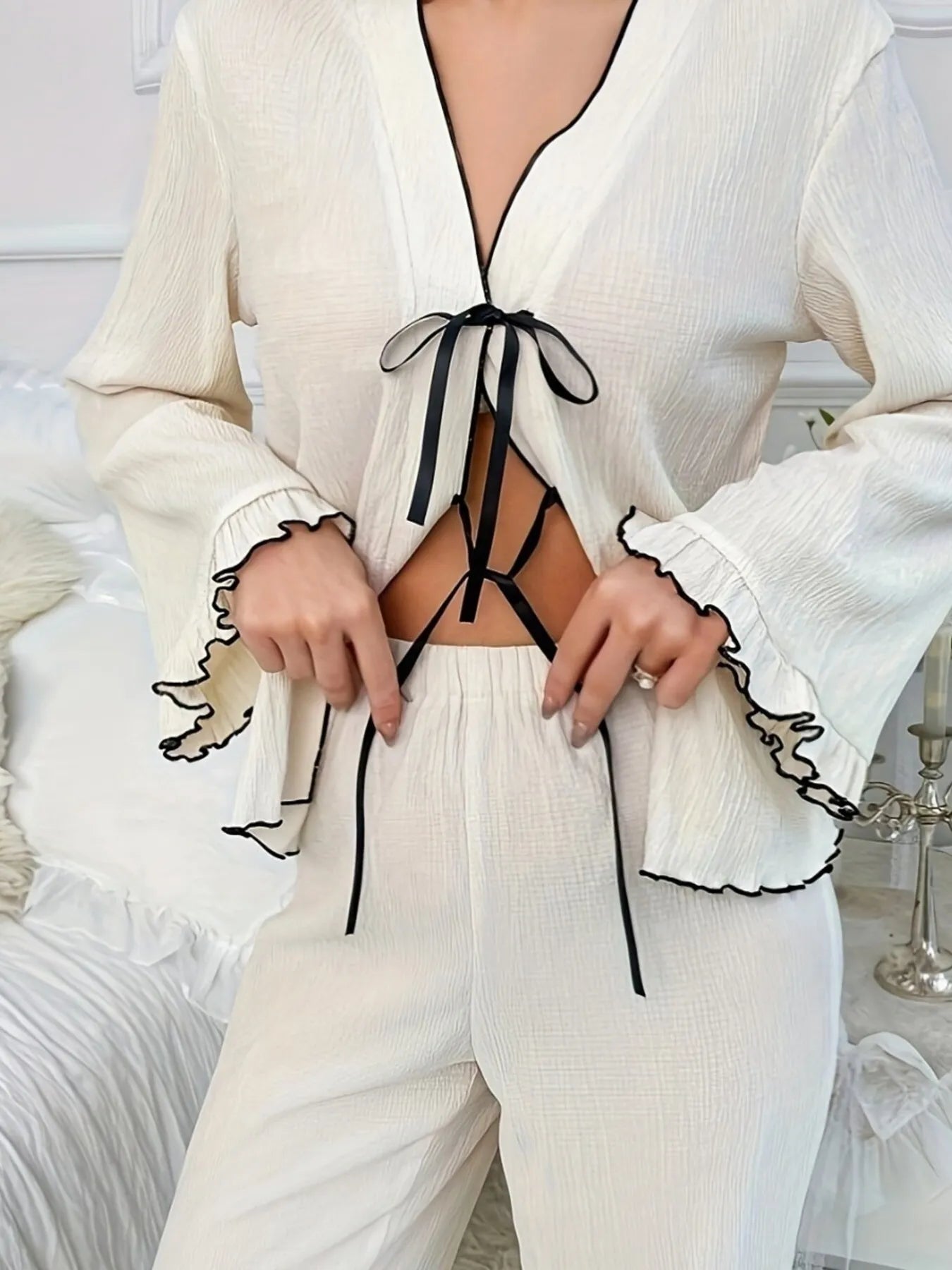 Contrast Trim Bow Tie Shirt and Pants Lounge Set - Premium Sleepwear from Trendsi - Just $31.99! Shop now at Handbags Specialist Headquarter