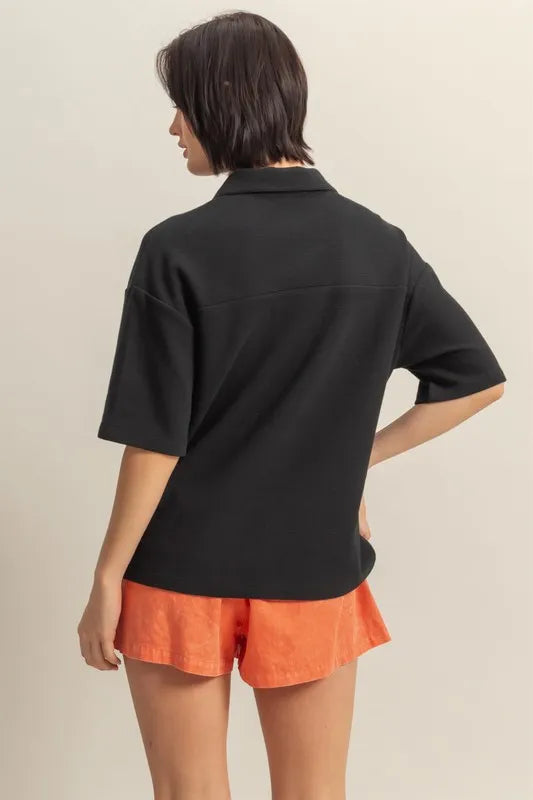 HYFVE Collared Neck Button Down Waffle Shirt - Premium Women's Down Shirt Tops from Trendsi - Just $35.56! Shop now at Handbags Specialist Headquarter
