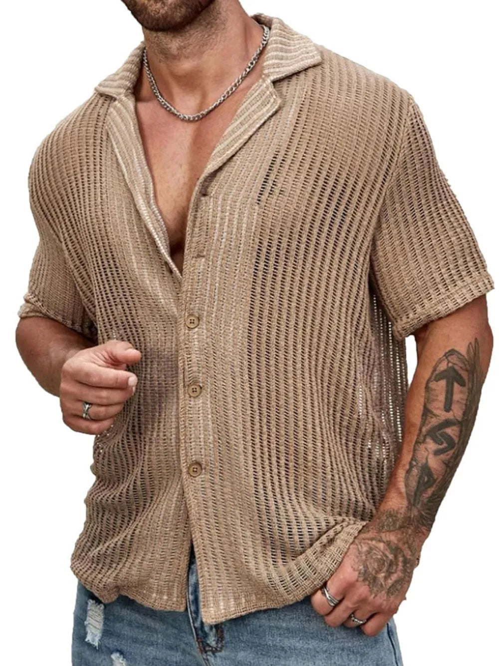 Men's Full Size Openwork Button Down Short Sleeve Shirt Plus Size - Premium Men's Shirts from Trendsi - Just $36.14! Shop now at Handbags Specialist Headquarter