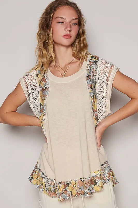 POL Floral Frayed Hem Crochet Cap Sleeve Top - Premium Women / Jeans & Denim from Trendsi - Just $55.08! Shop now at Handbags Specialist Headquarter