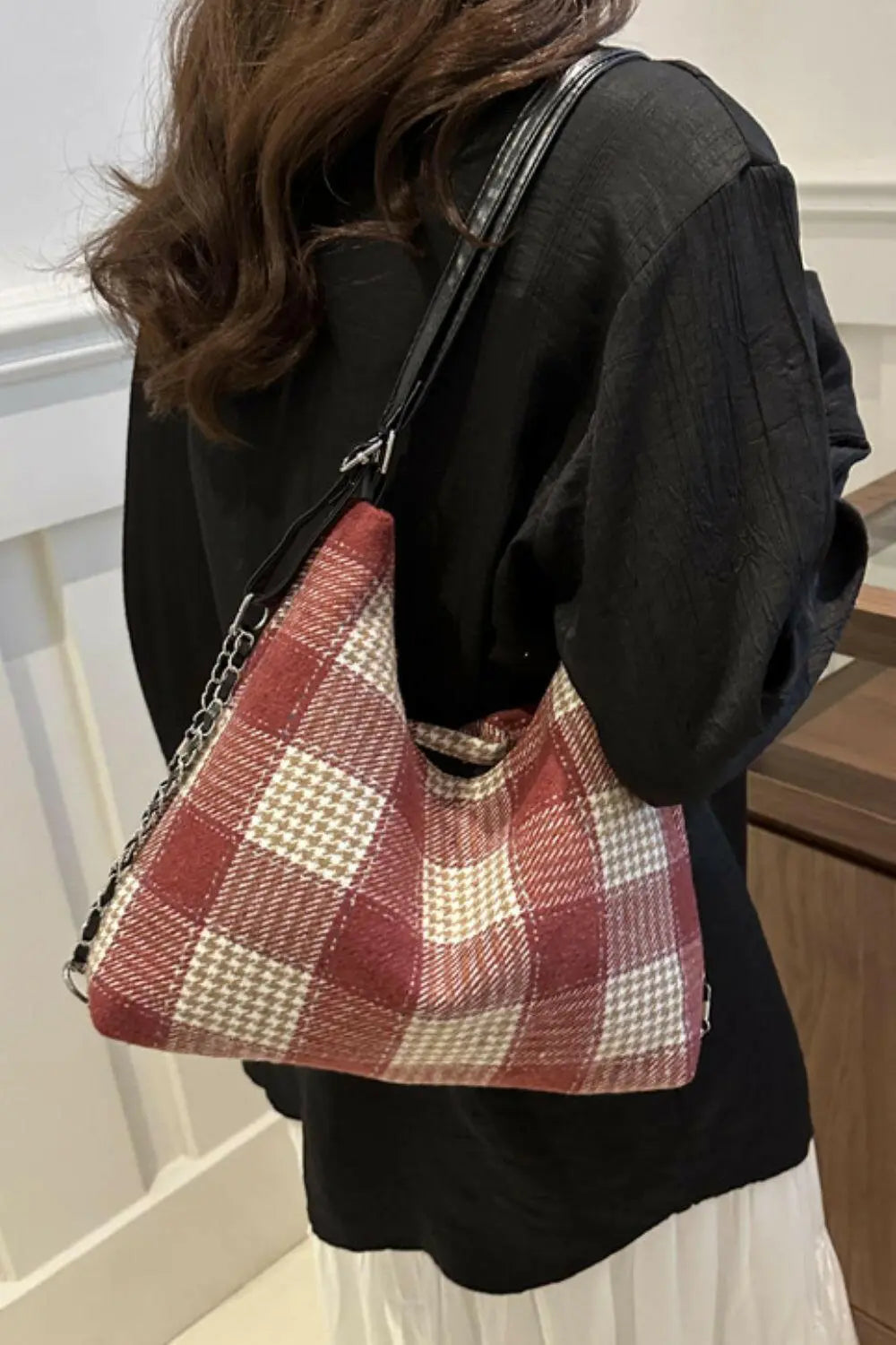 Plaid Adjustable Strap Handbag.