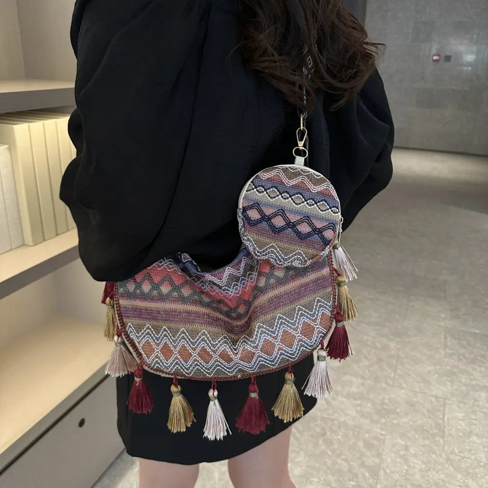 Printed Tassel Detail Crossbody Bag with Small Purse - Premium Handbags from Trendsi - Just $17.99! Shop now at Handbags Specialist Headquarter