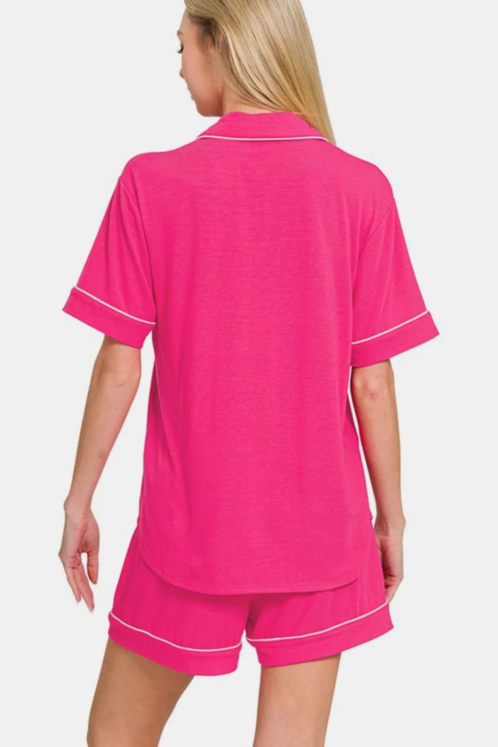 Zenana Button Down Short Sleeve Top and Shorts Lounge Set - Premium Sleepwear from Trendsi - Just $40.99! Shop now at Handbags Specialist Headquarter