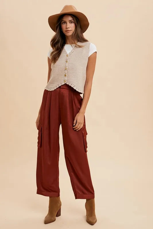 Annie Wear Wide Leg Cargo Satin Pants - Premium Bottoms from Trendsi - Just $50.86! Shop now at Handbags Specialist Headquarter