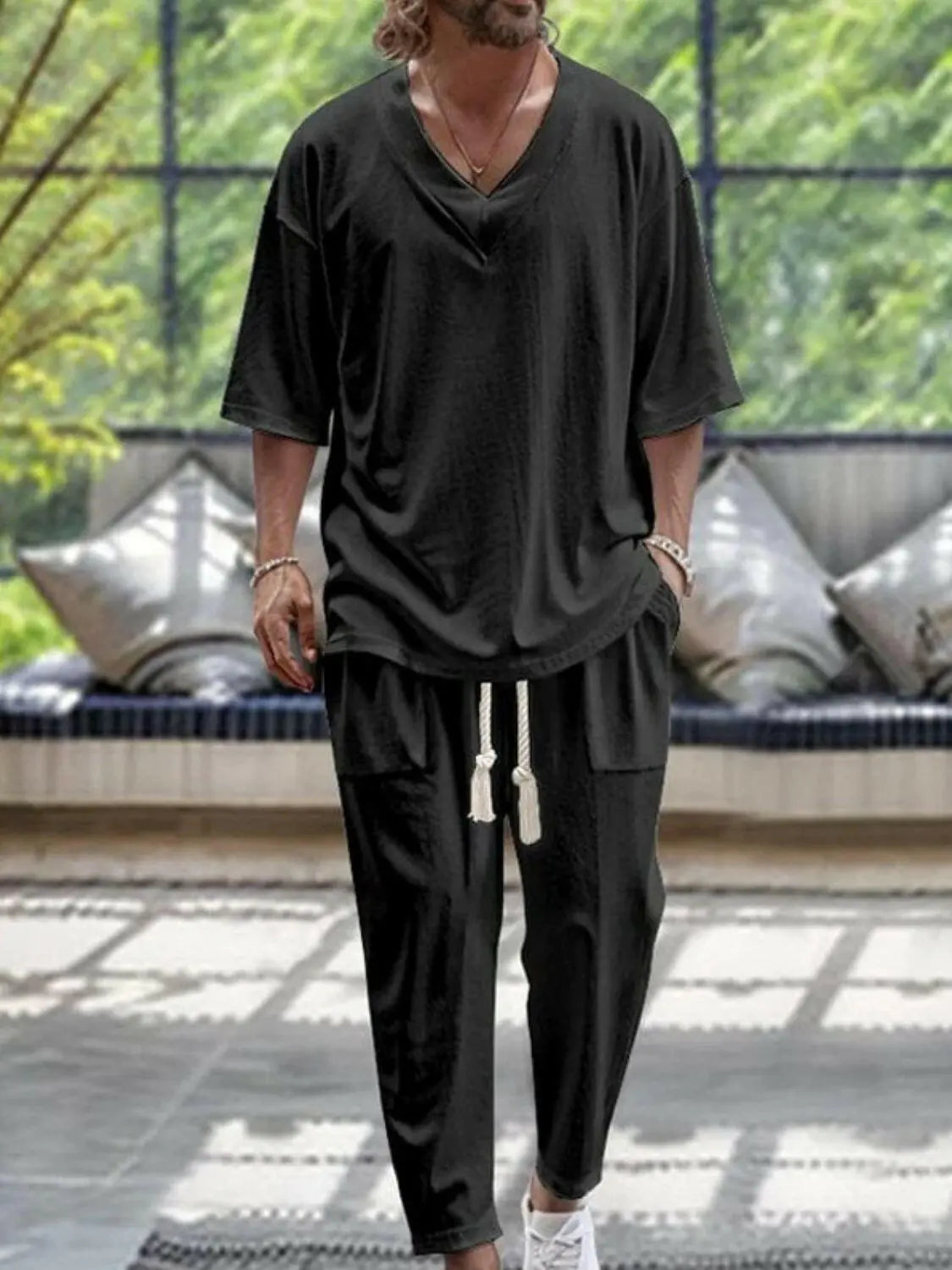 Men's Plus Size V-Neck Half Sleeve Top and Pants Set.