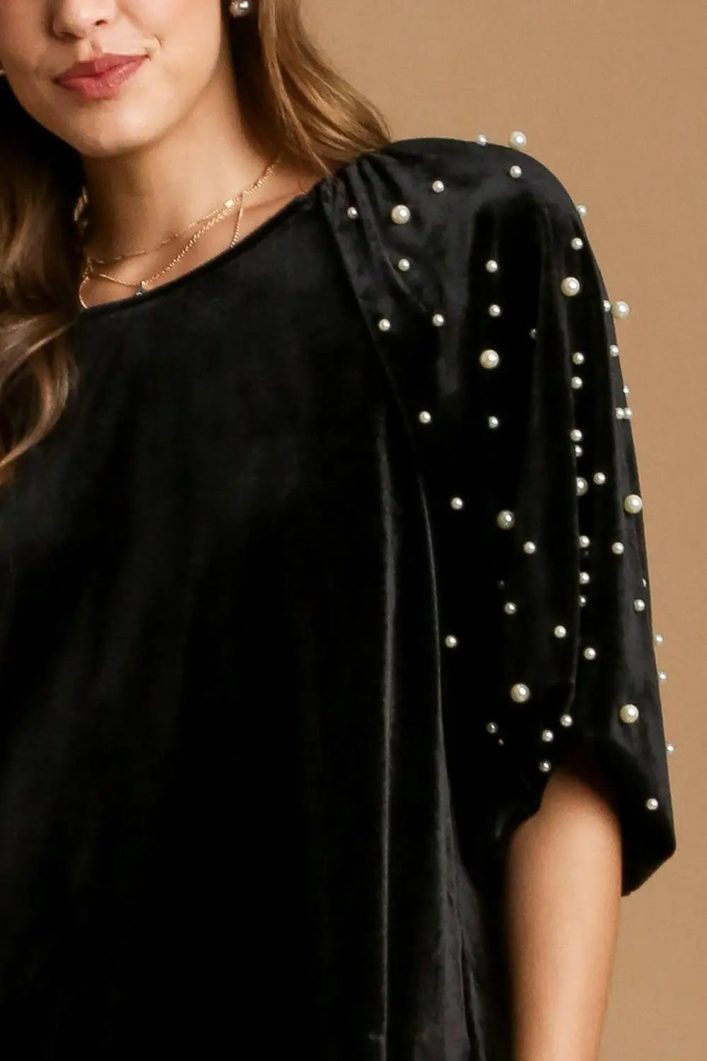 Umgee Full Size Pearl Detail Velvet Round Neck Top Plus Size.