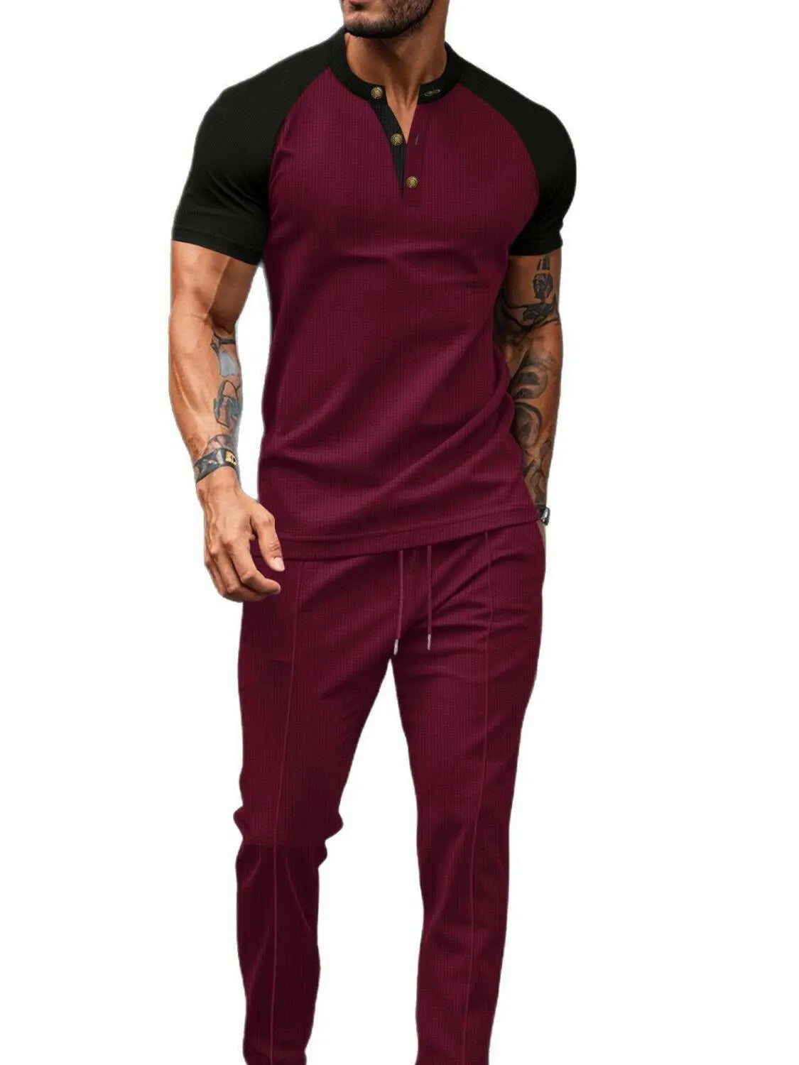 Men's Full Size Waffle-Knit Contrast Top and Drawstring Pants Set Plus Size.