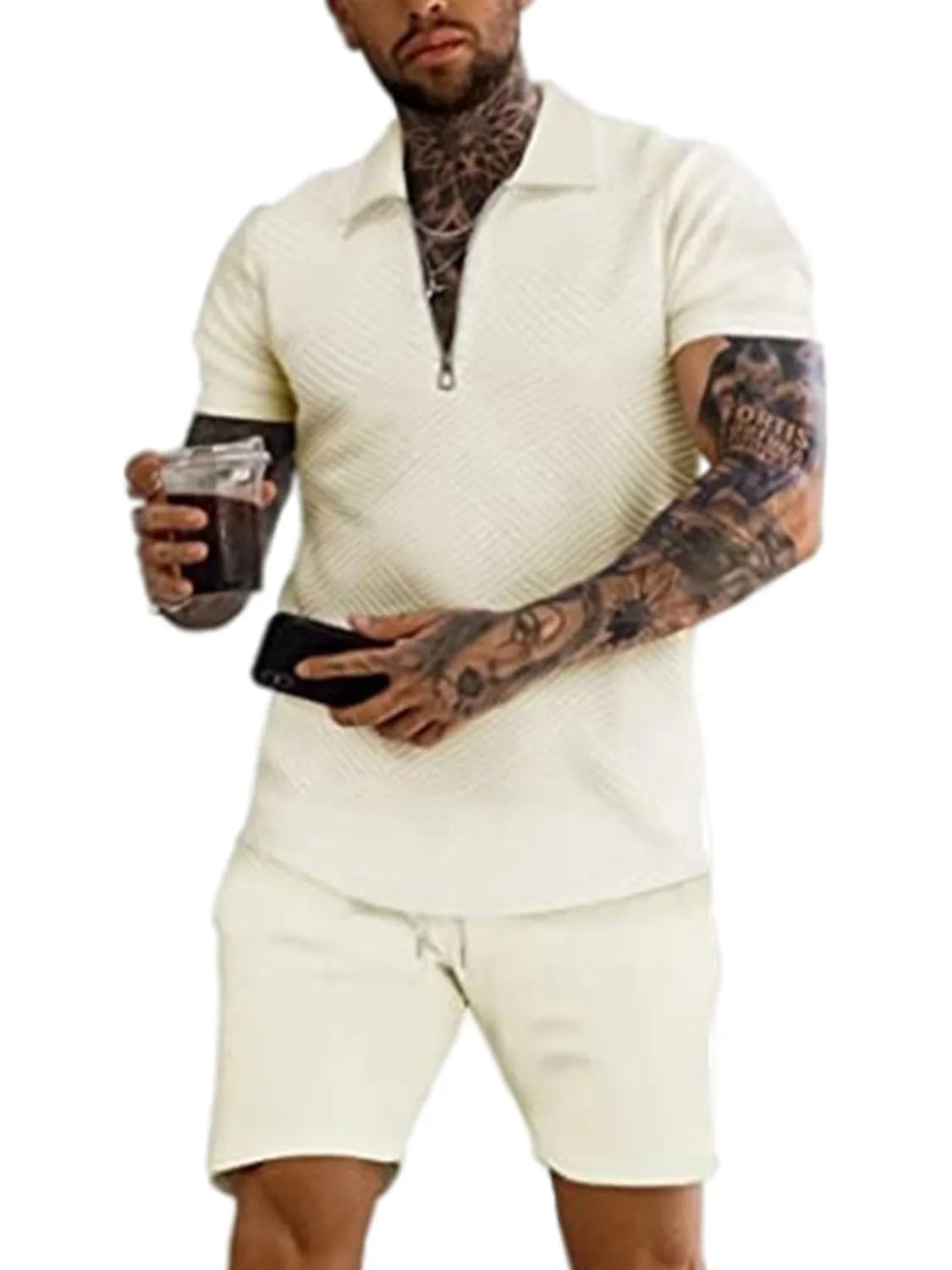Men's Full Size Textured Collared Neck Short Sleeve Top and Shorts Set Plus Size - Premium Men's Pants Set from Trendsi - Just $33.66! Shop now at Handbags Specialist Headquarter