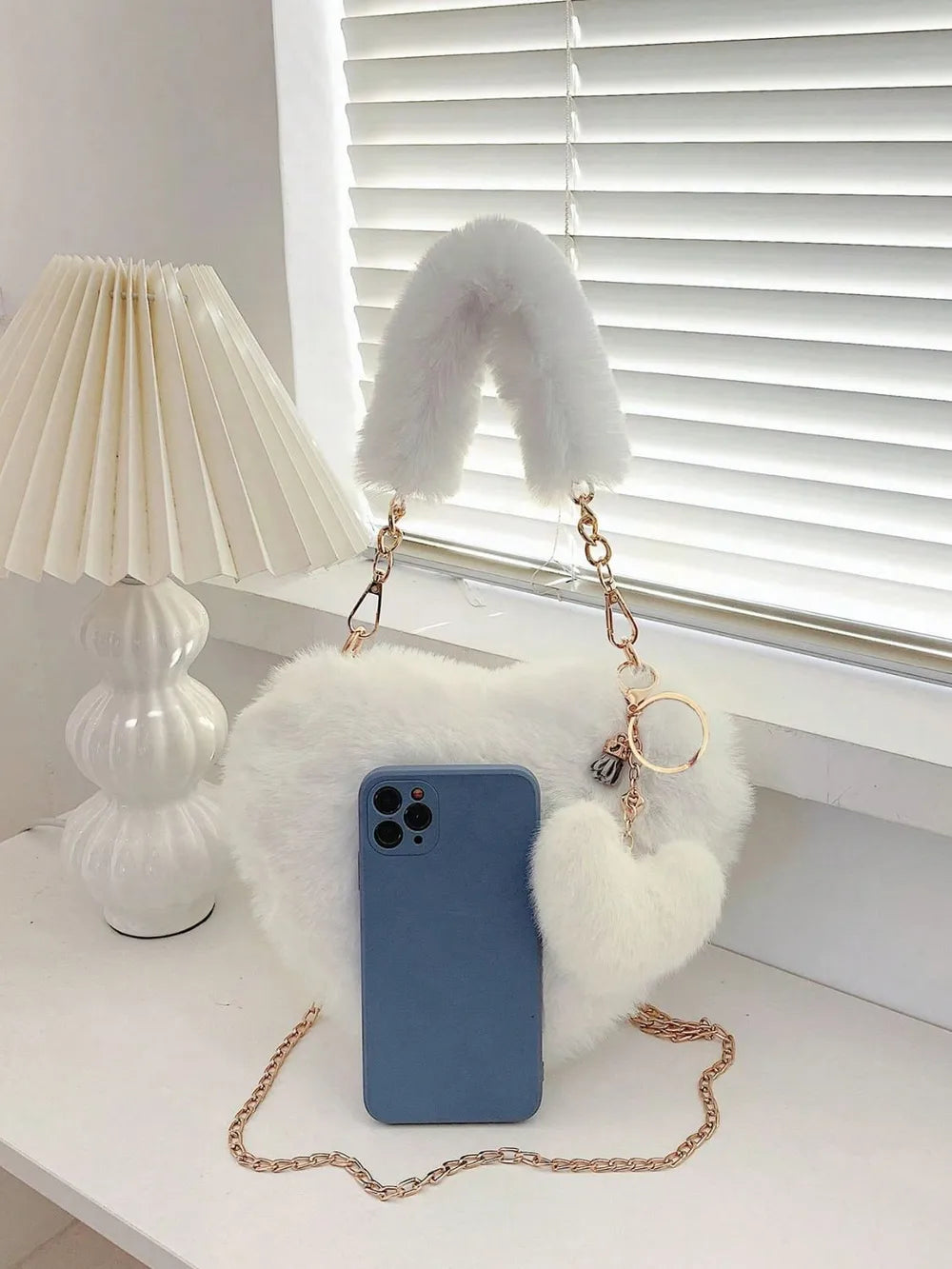 Heart Shape Faux Fur Handbag - Premium handbags from Trendsi - Just $19.99! Shop now at Handbags Specialist Headquarter