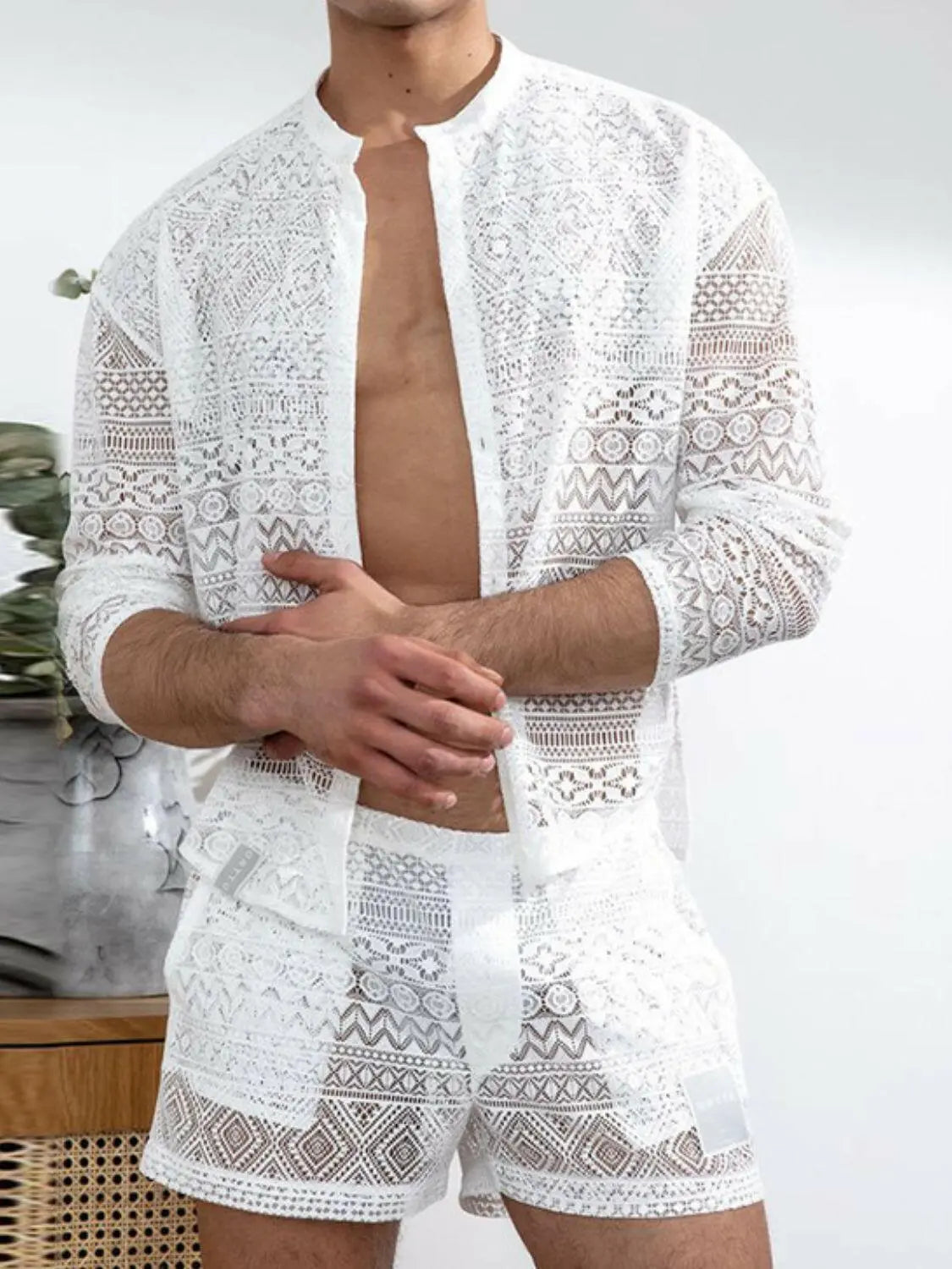 Men's Full Size Lace Button Down Top and Shorts Set Plus Size.