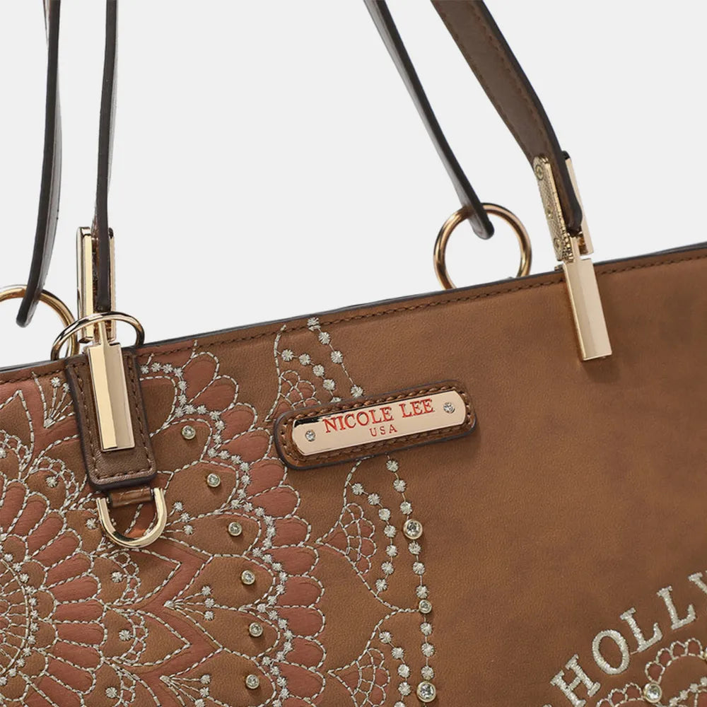 Nicole Lee USA Metallic Stitching Embroidery Inlaid Rhinestone Tote Bag - Premium Tote Bag from Trendsi - Just $64.99! Shop now at Handbags Specialist Headquarter