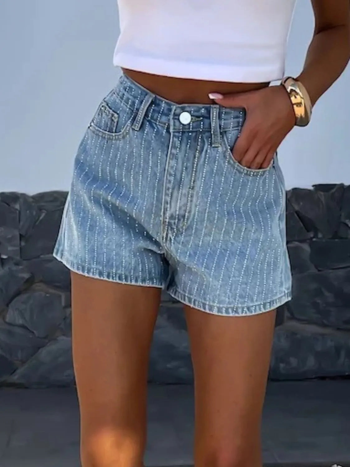 Rhinestone High Rise Denim Shorts - Premium Women / Jeans & Denim from Trendsi - Just $27.20! Shop now at Handbags Specialist Headquarter