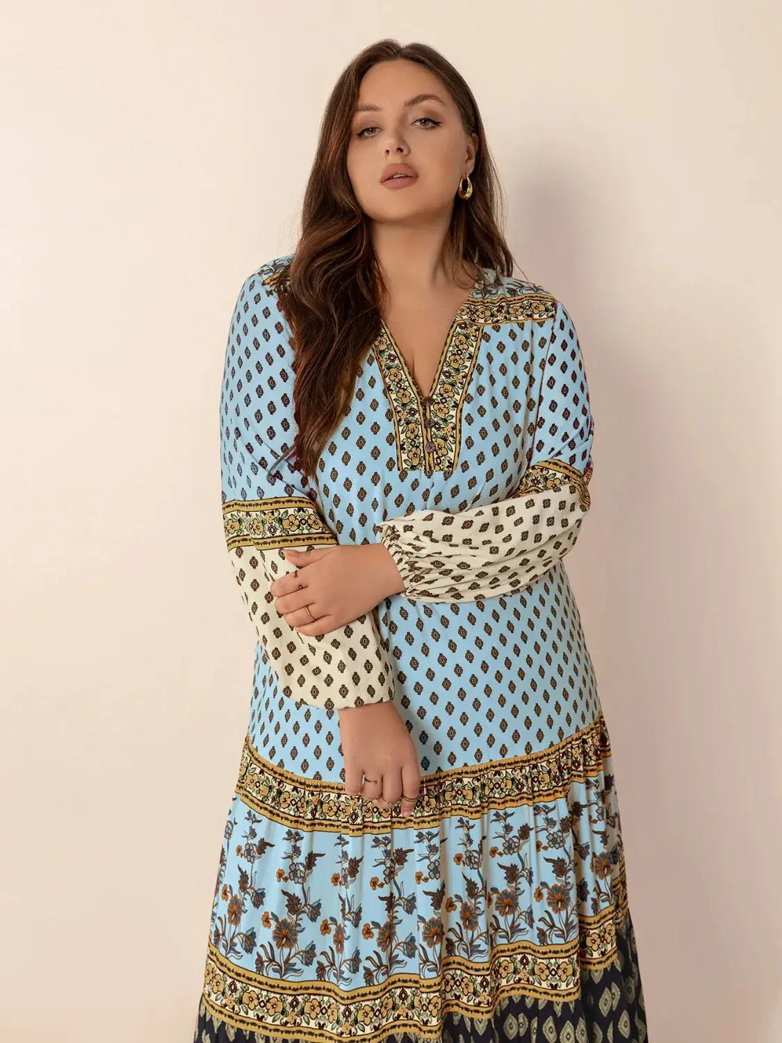 Plus Size Printed V-Neck Balloon Sleeve Maxi Dress.