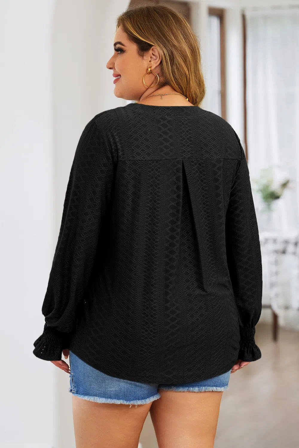 Plus Size Eyelet Notched Flounce Sleeve Blouse - Premium Plus Size Shirts from Trendsi - Just $27! Shop now at Handbags Specialist Headquarter