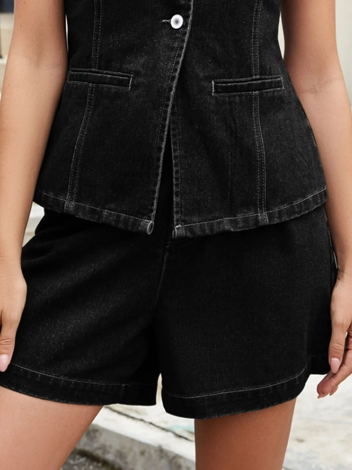 Button Down Vest and Shorts Denim Set - Premium Women / Jeans & Denim from Trendsi - Just $24.62! Shop now at Handbags Specialist Headquarter