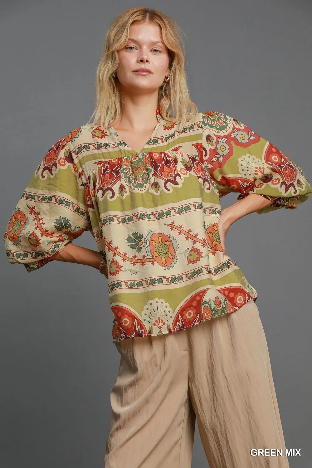 Umgee Full Size Border Print Notched 3/4 Puff Sleeve Blouse Plus Size - Premium Dresses from Trendsi - Just $46.99! Shop now at Handbags Specialist Headquarter