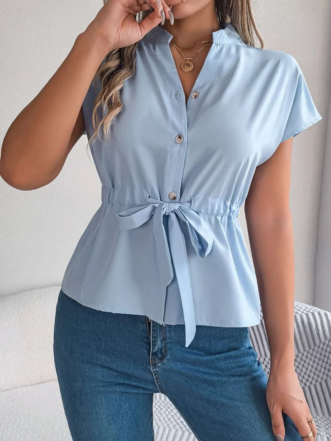 Notched Short Sleeve Blouse - Premium Women / Tops from Trendsi - Just $29.84! Shop now at Handbags Specialist Headquarter
