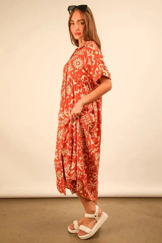 VERY J Plus Size Oversized Printed Shirt Midi Dress.