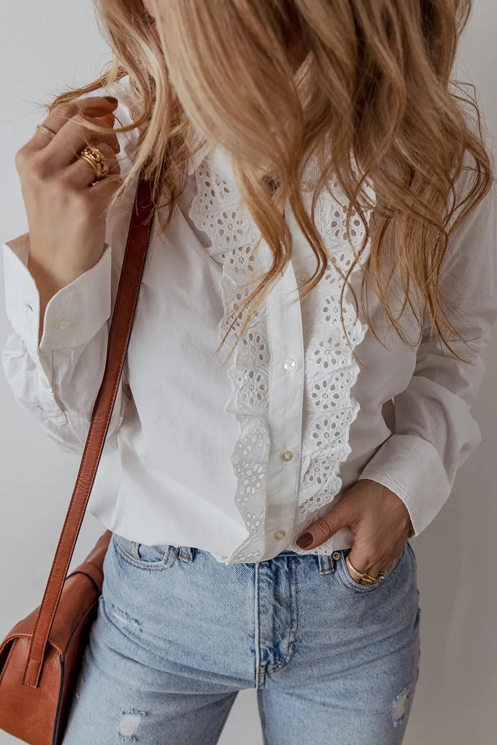 Eyelet Button Down Long Sleeve Shirt - Premium Women's Down Shirt Tops from Trendsi - Just $45.84! Shop now at Handbags Specialist Headquarter