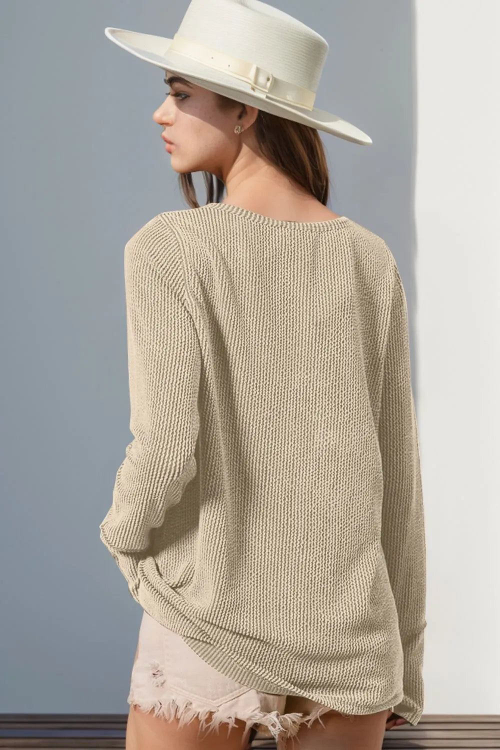 Double Take Full Size Notched Thumbhole Long Sleeve T-Shirt - Premium Tops from Trendsi - Just $25.88! Shop now at Handbags Specialist Headquarter