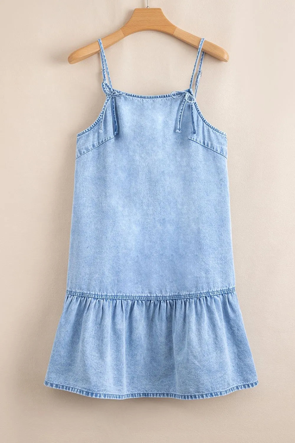 Bow Detail Spaghetti Straps Ruffle Hem Denim Dress - Premium Women / Jeans & Denim from Trendsi - Just $46.38! Shop now at Handbags Specialist Headquarter