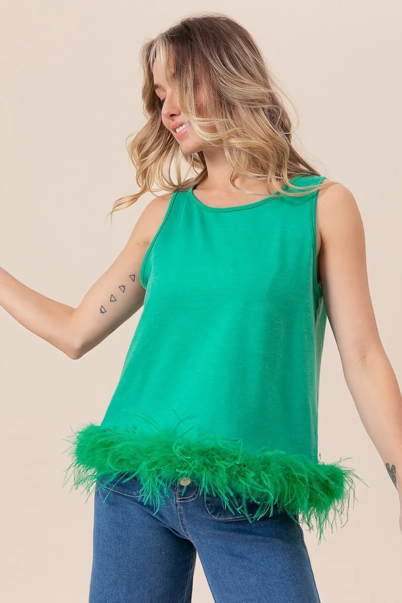 BiBi French Terry Faux Feather Bottom Back Tied Top - Premium Bottoms from Trendsi - Just $42.18! Shop now at Handbags Specialist Headquarter