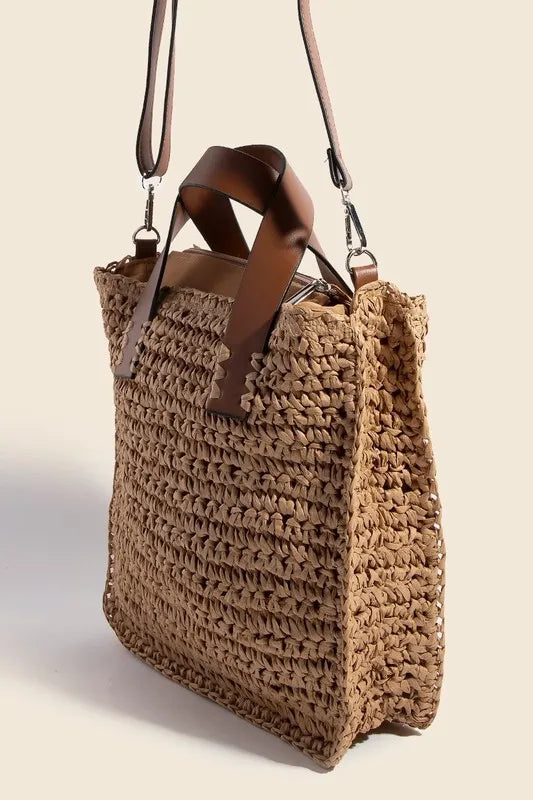 Fame Faux Leather Handle Straw Braided Handbag - Premium Tote Bag from Trendsi - Just $31.99! Shop now at Handbags Specialist Headquarter