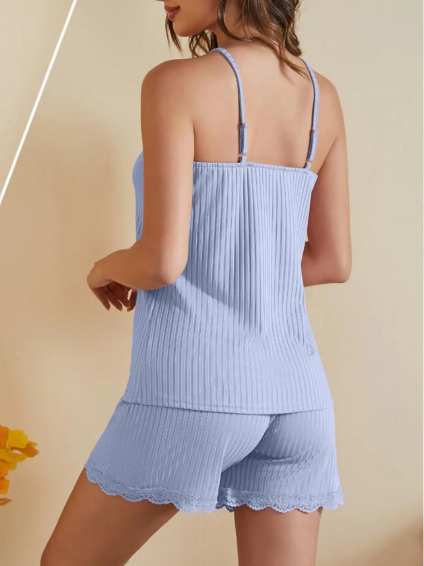 Lace-Trimmed Ribbed Cami and Shorts Lounge Set - Premium Sleepwear from Trendsi - Just $33.99! Shop now at Handbags Specialist Headquarter