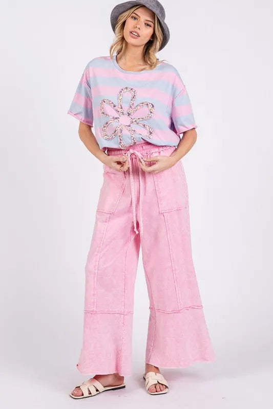 SAGE + FIG Mineral Washed Terry Wide Leg Pants - Premium Bottoms from Trendsi - Just $51.22! Shop now at Handbags Specialist Headquarter