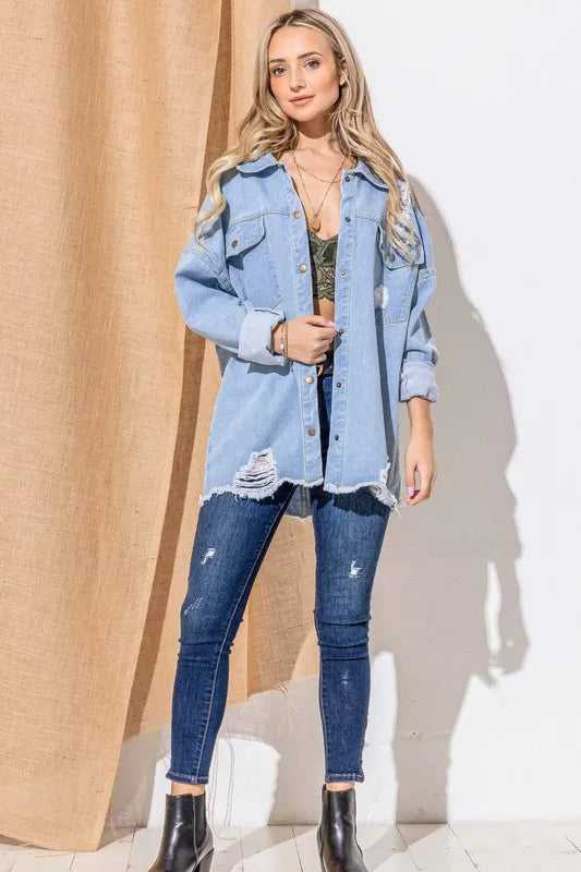 And The Why Button Front Flap Pocket Ripped Denim Jacket - Premium Women / Jeans & Denim from Trendsi - Just $65.46! Shop now at Handbags Specialist Headquarter